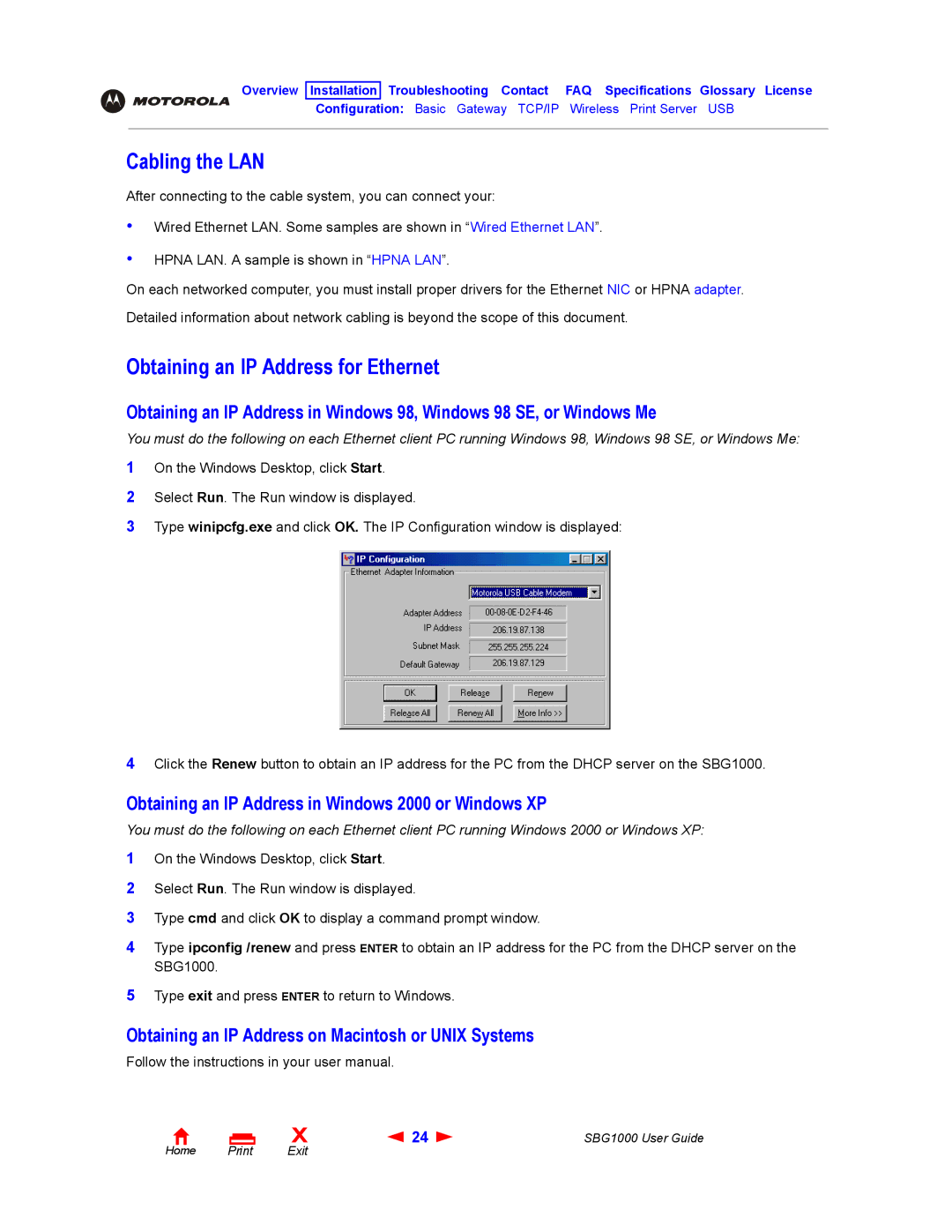 ADS Technologies SBG1000 manual Cabling the LAN, Obtaining an IP Address for Ethernet 