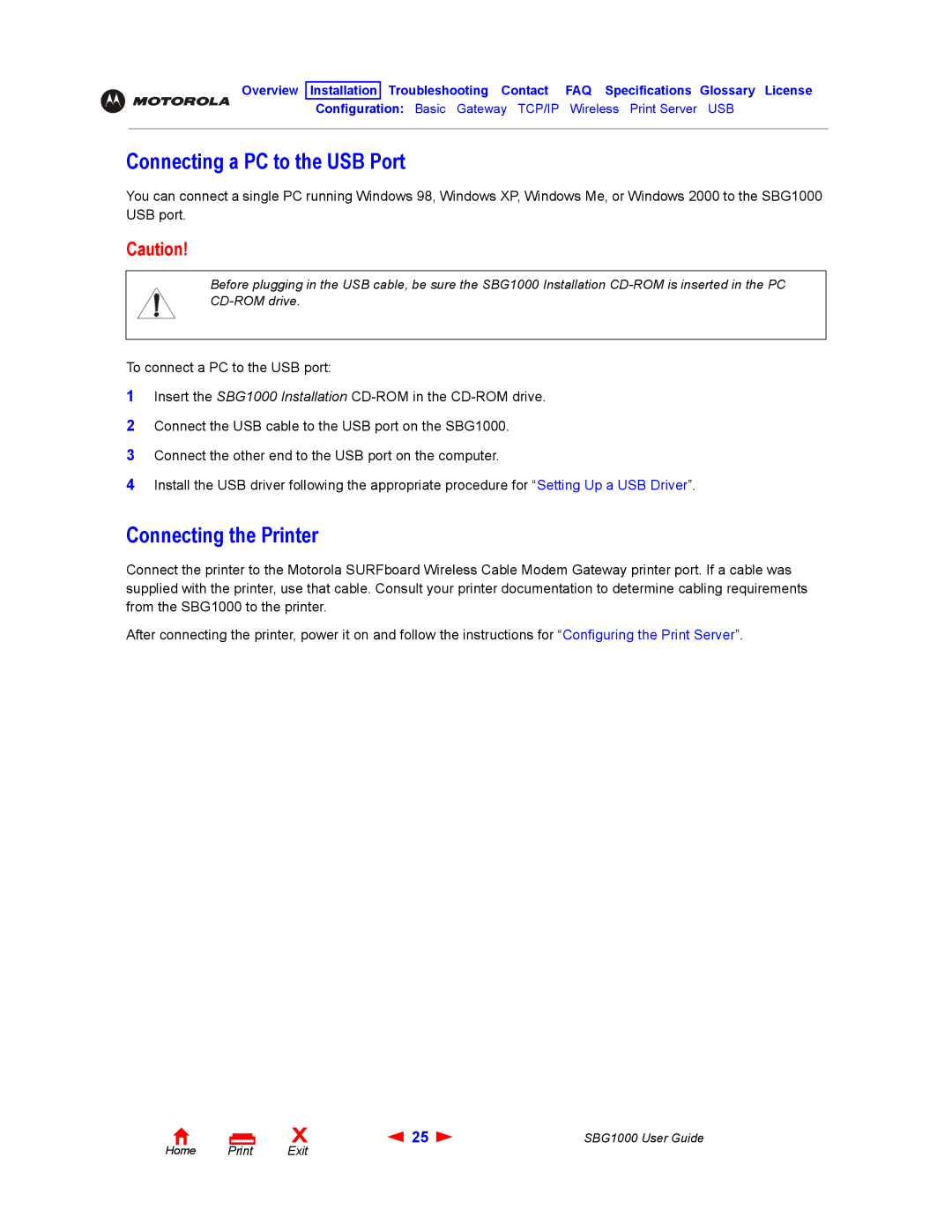 ADS Technologies SBG1000 manual Connecting a PC to the USB Port, Connecting the Printer 