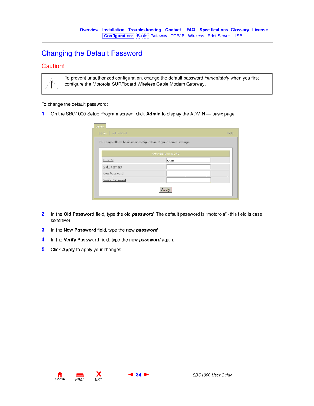 ADS Technologies SBG1000 manual Changing the Default Password 