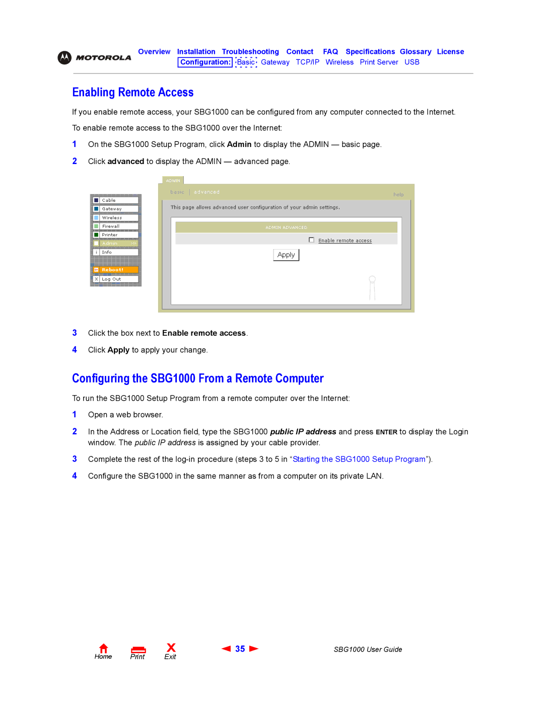 ADS Technologies manual Enabling Remote Access, Configuring the SBG1000 From a Remote Computer 