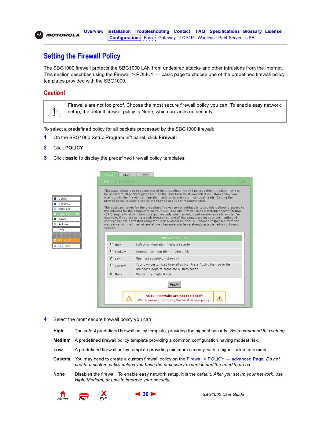 ADS Technologies SBG1000 manual Setting the Firewall Policy 