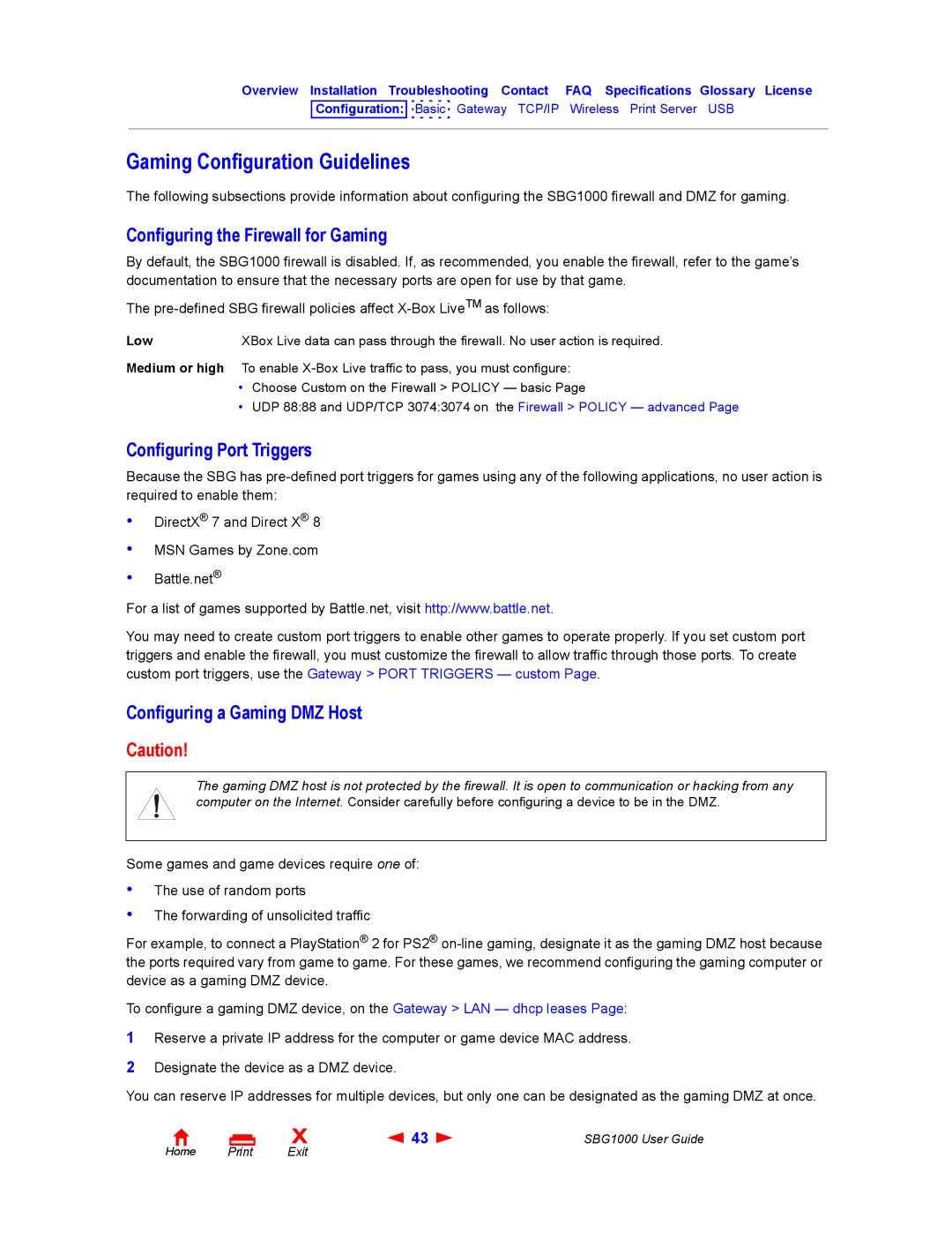 ADS Technologies SBG1000 Gaming Configuration Guidelines, Configuring the Firewall for Gaming, Configuring Port Triggers 