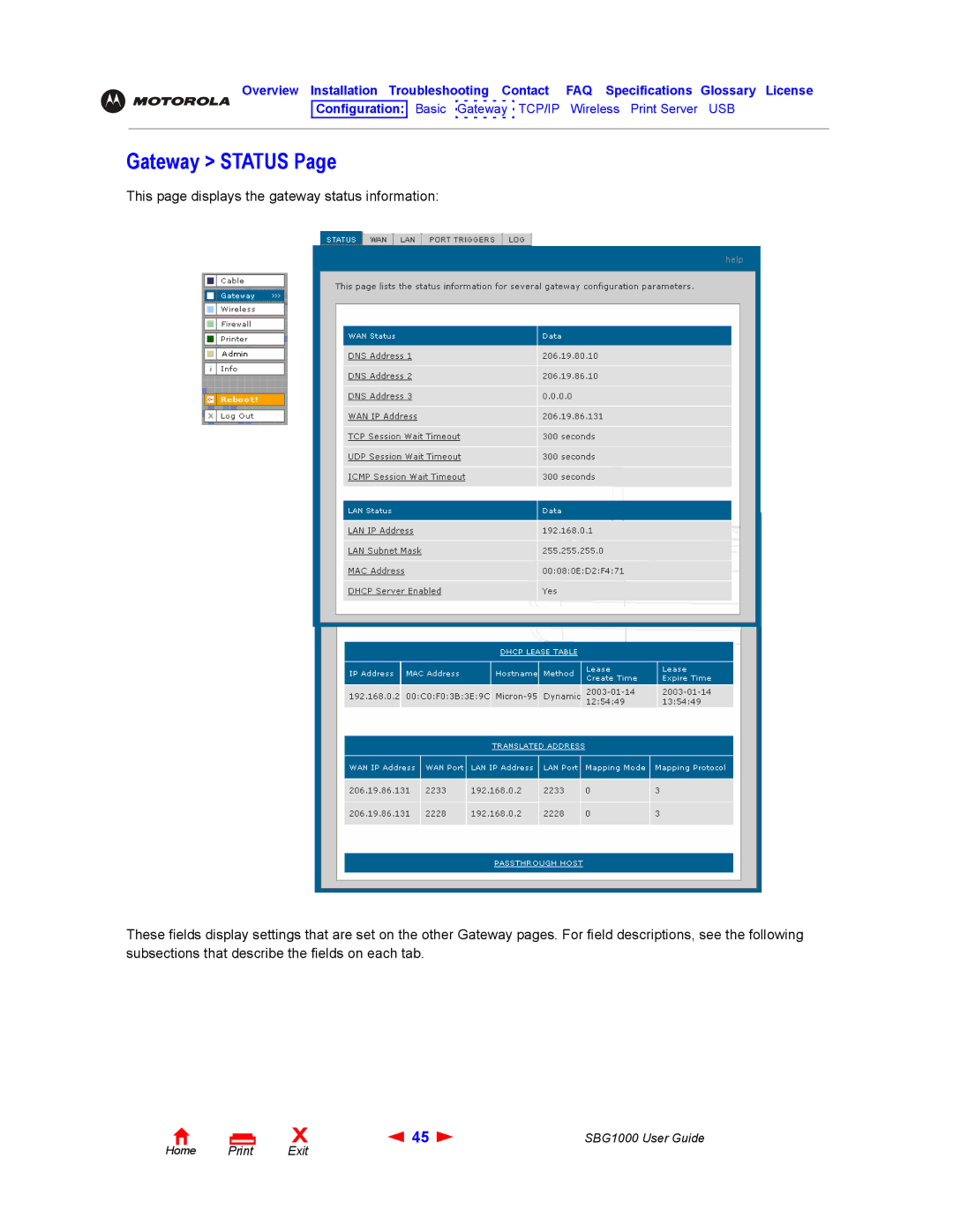 ADS Technologies SBG1000 manual Gateway Status 