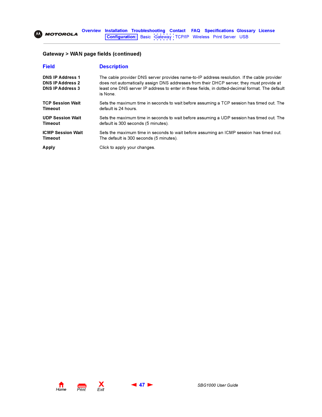 ADS Technologies SBG1000 manual DNS IP Address, TCP Session Wait, Timeout, UDP Session Wait, Icmp Session Wait 