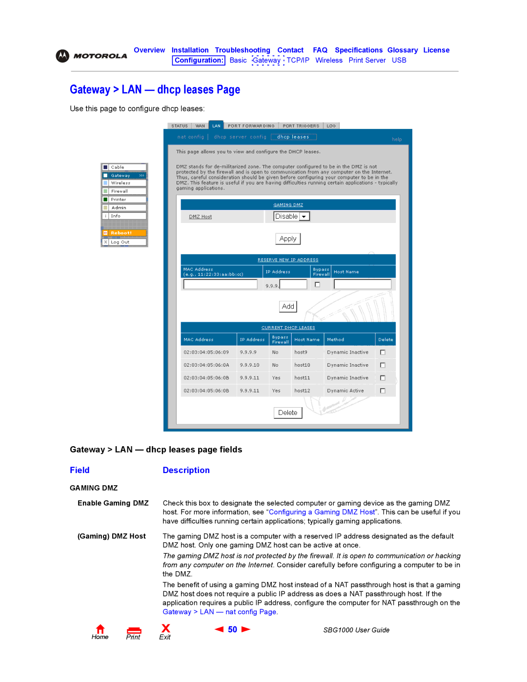 ADS Technologies SBG1000 manual Gateway LAN dhcp leases, FieldDescription, Gaming DMZ Enable Gaming DMZ Gaming DMZ Host 