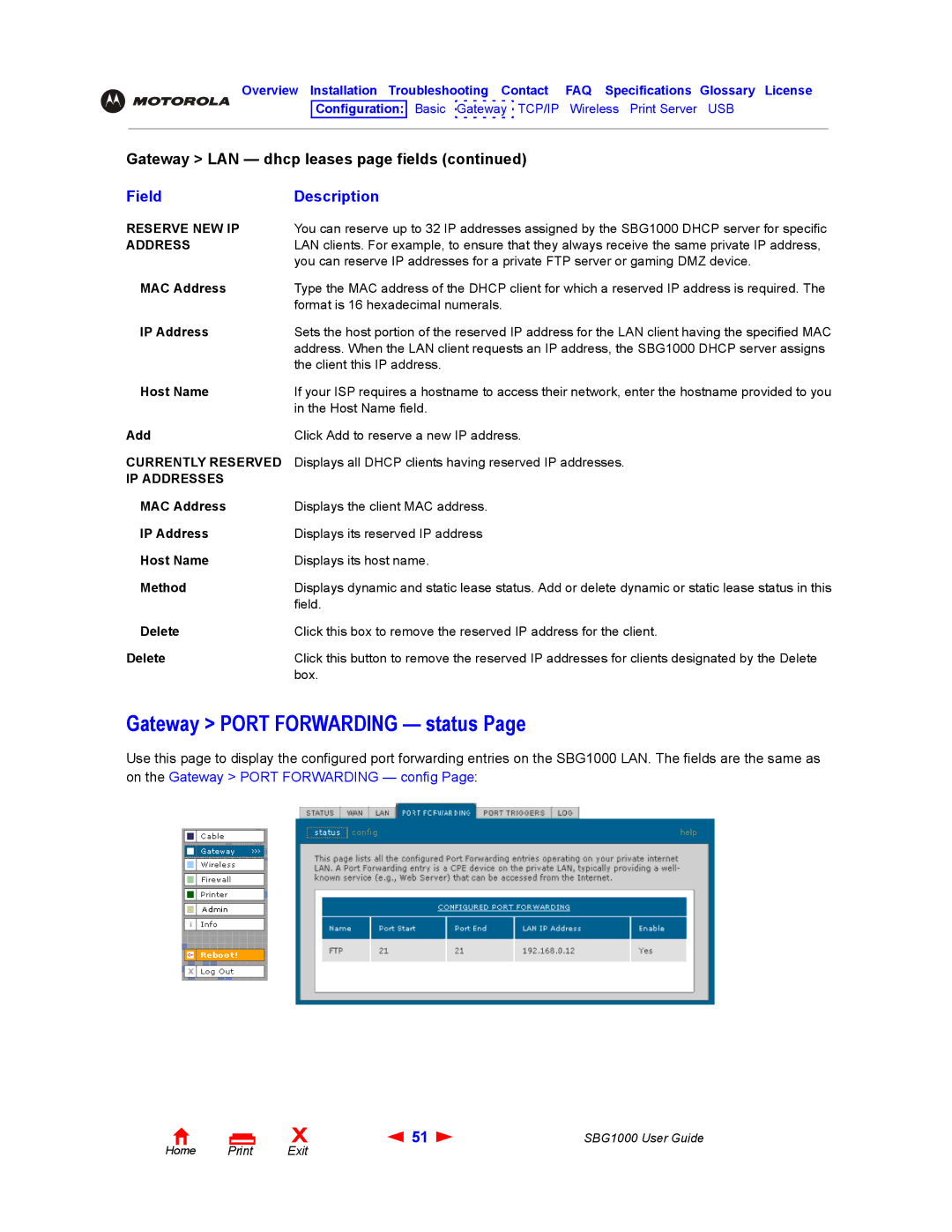 ADS Technologies SBG1000 manual Gateway Port Forwarding status, Reserve NEW IP, IP Addresses 