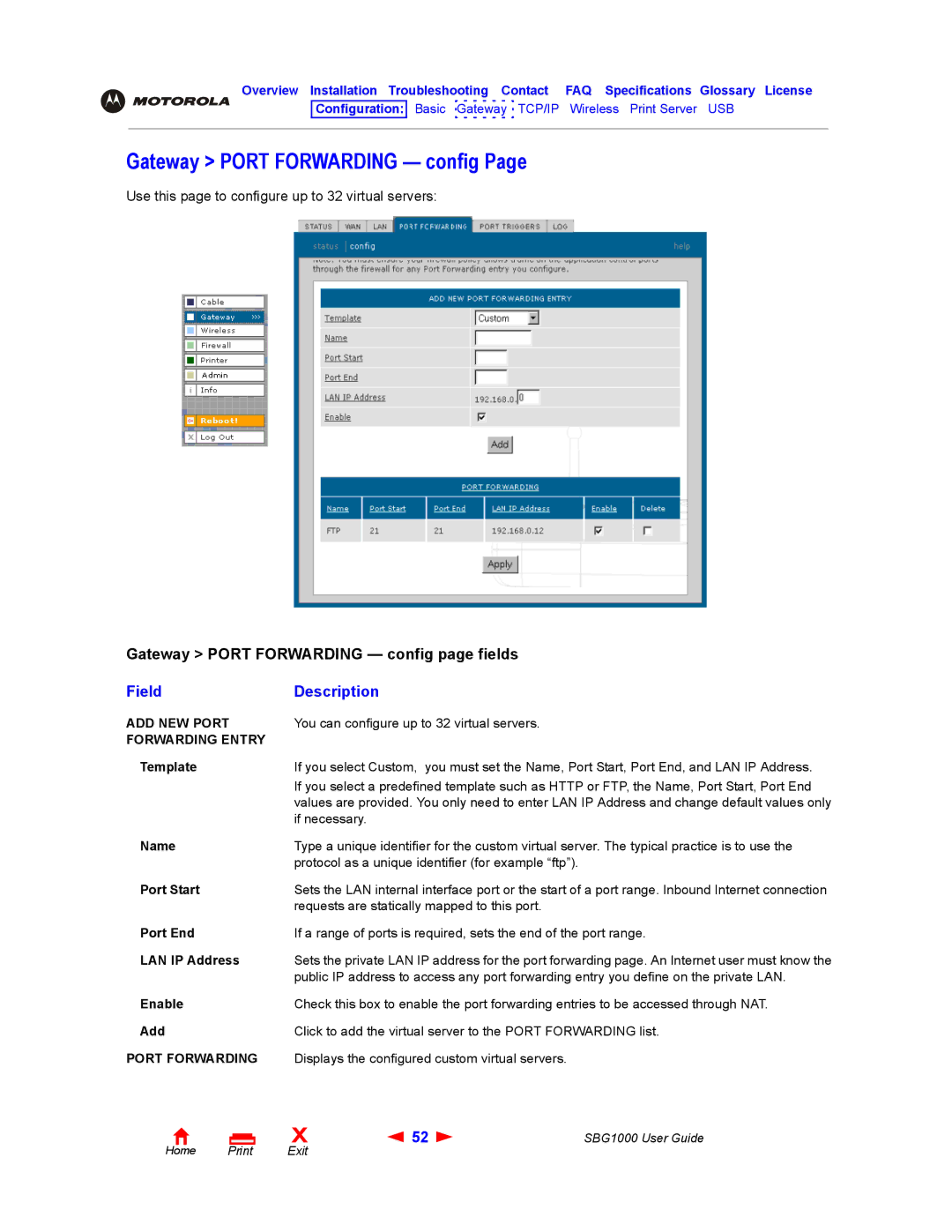 ADS Technologies SBG1000 manual Gateway Port Forwarding config, ADD NEW Port, Forwarding Entry 