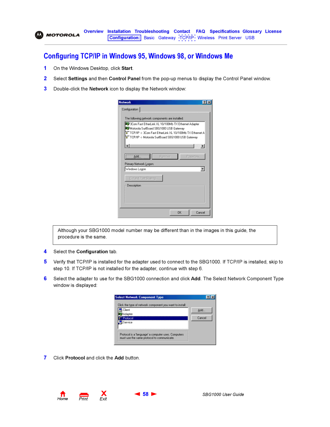 ADS Technologies SBG1000 manual Configuring TCP/IP in Windows 95, Windows 98, or Windows Me 