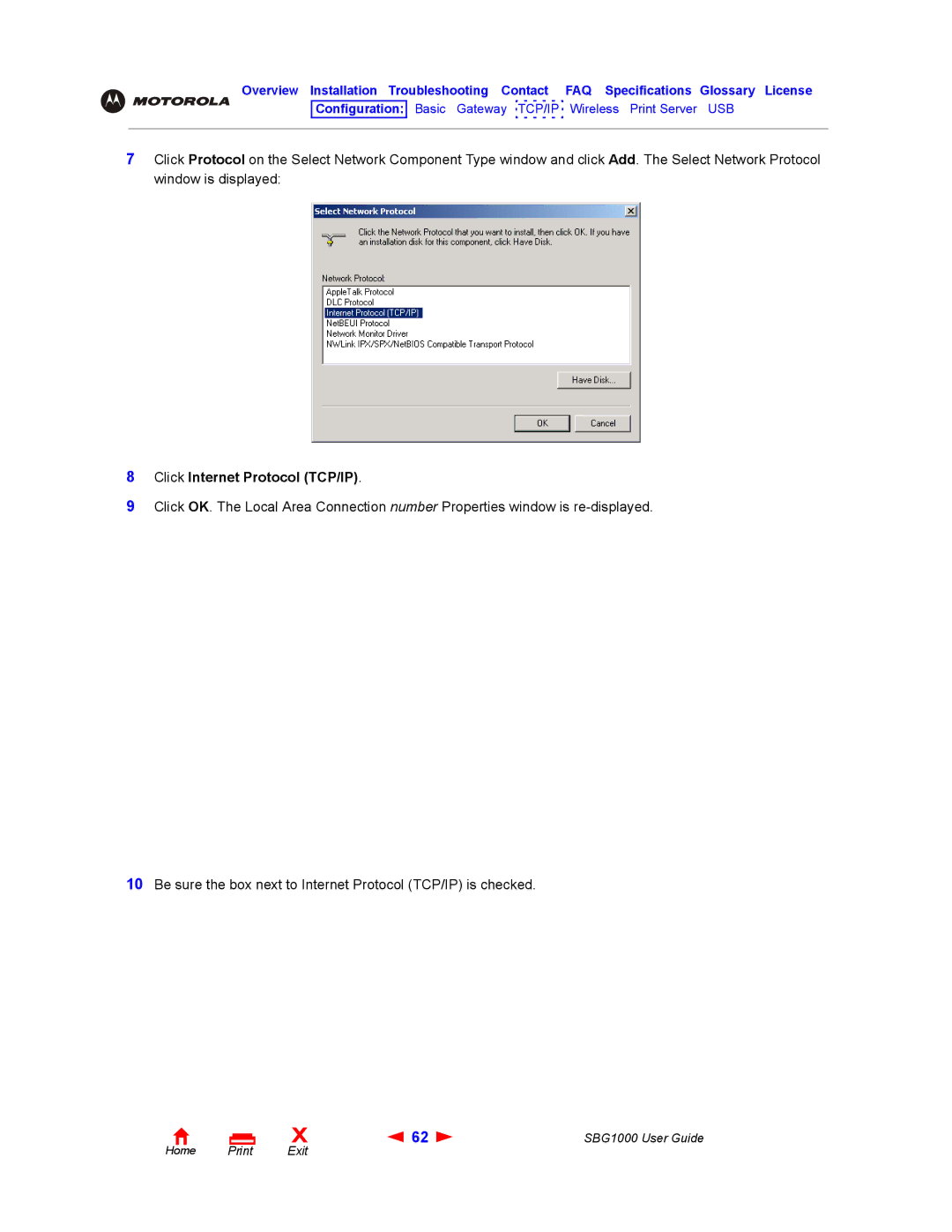 ADS Technologies SBG1000 manual Click Internet Protocol TCP/IP 