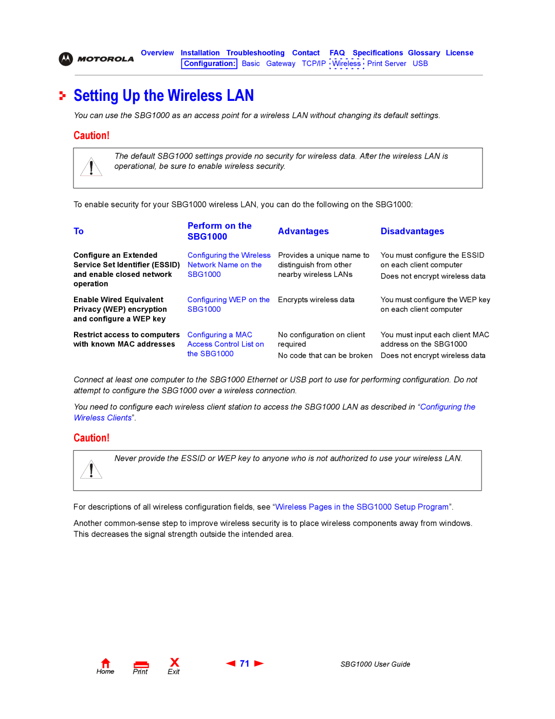 ADS Technologies manual Setting Up the Wireless LAN, Perform on Advantages Disadvantages SBG1000 