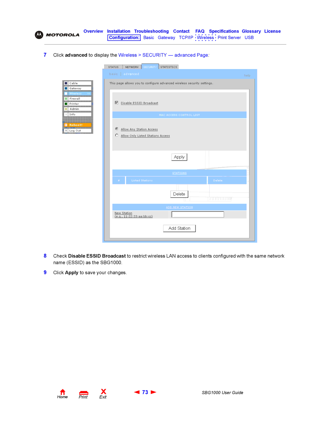 ADS Technologies SBG1000 manual Click advanced to display the Wireless Security advanced 