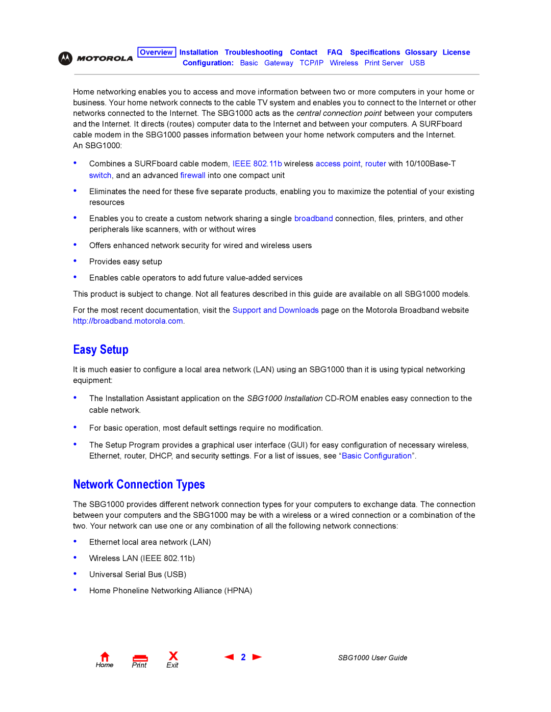 ADS Technologies SBG1000 manual Easy Setup, Network Connection Types 