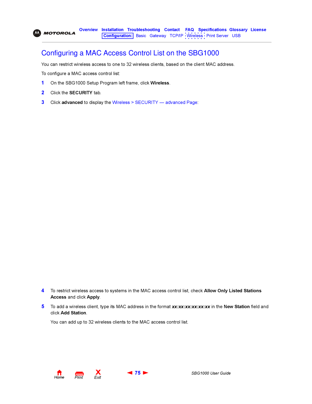 ADS Technologies manual Configuring a MAC Access Control List on the SBG1000 