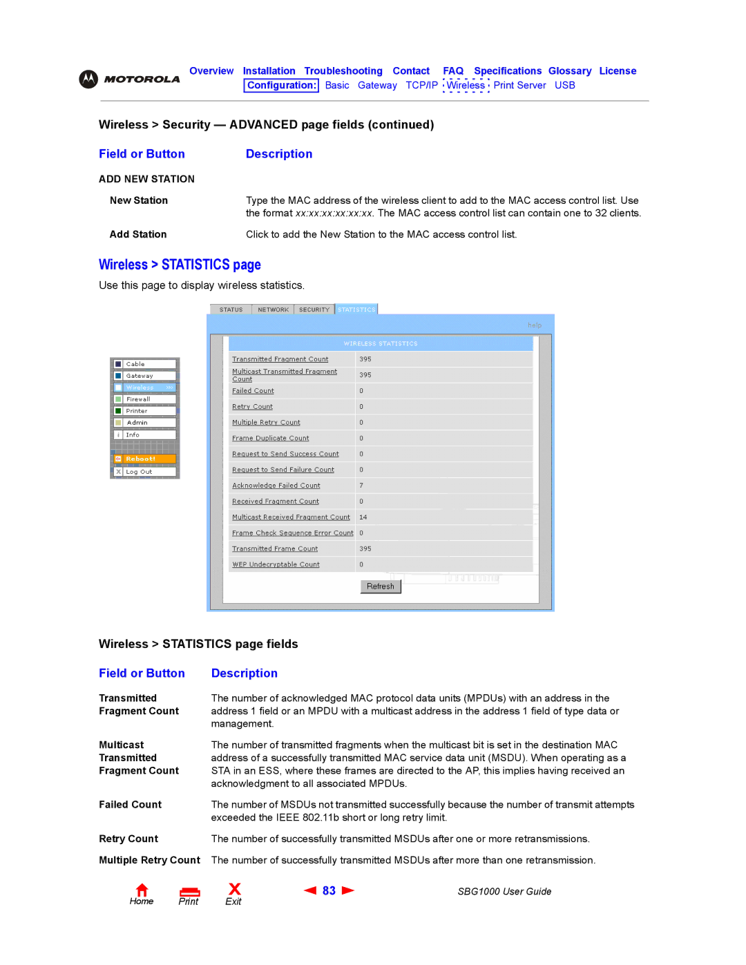 ADS Technologies SBG1000 manual Wireless Statistics, ADD NEW Station 