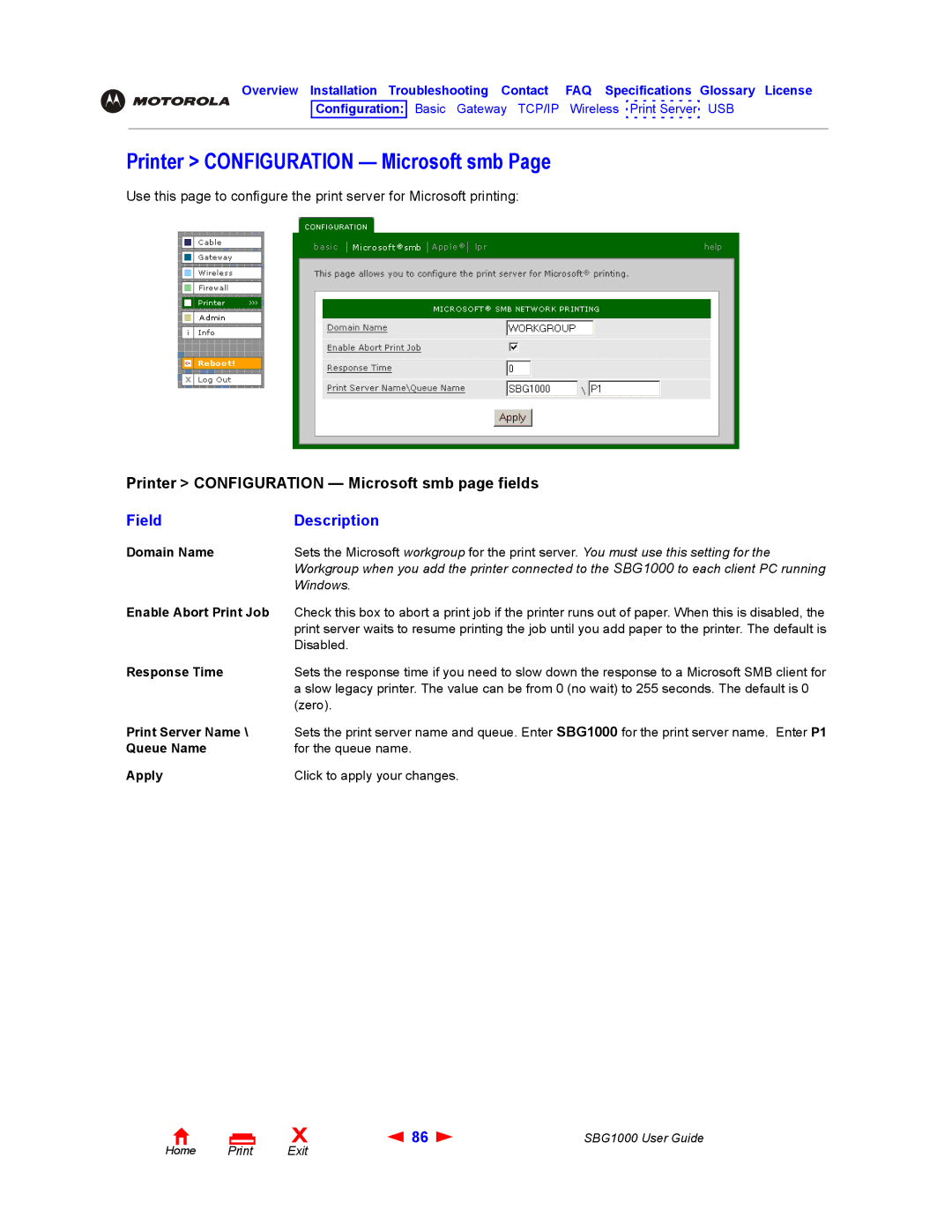 ADS Technologies SBG1000 manual Printer Configuration Microsoft smb 