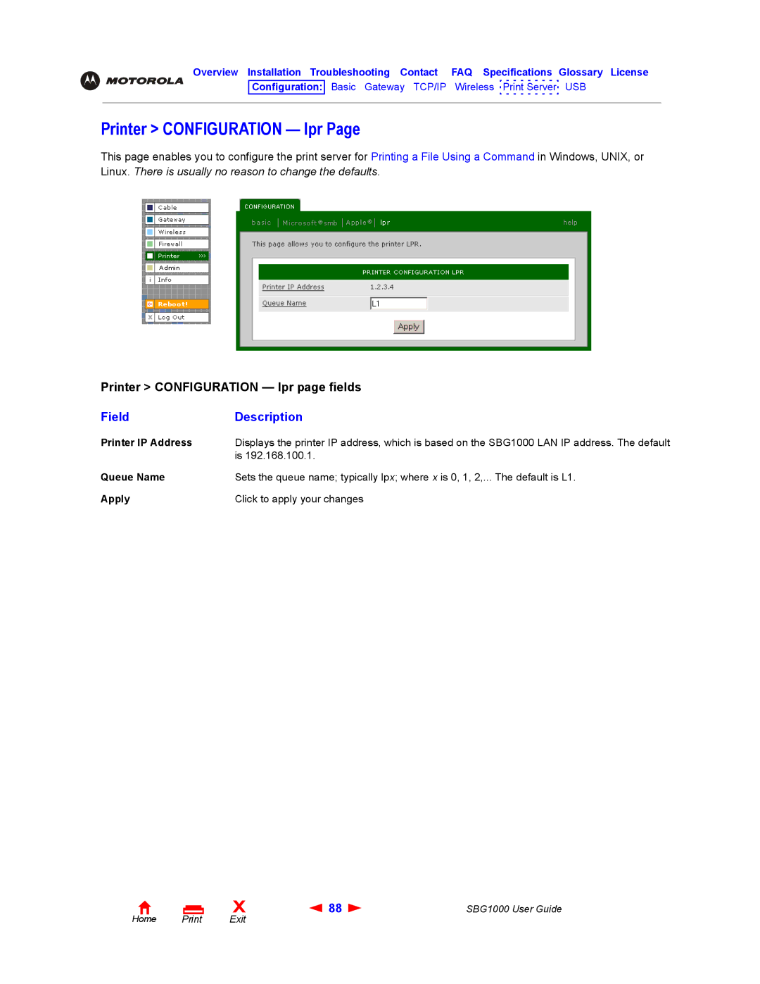 ADS Technologies SBG1000 manual Printer Configuration lpr, Printer IP Address 