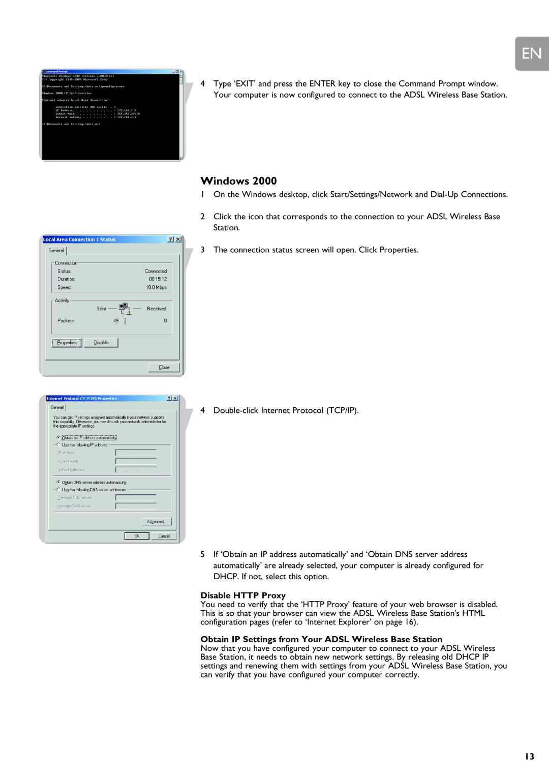 ADS Technologies SNA6500 user manual Windows, Obtain IP Settings from Your Adsl Wireless Base Station 