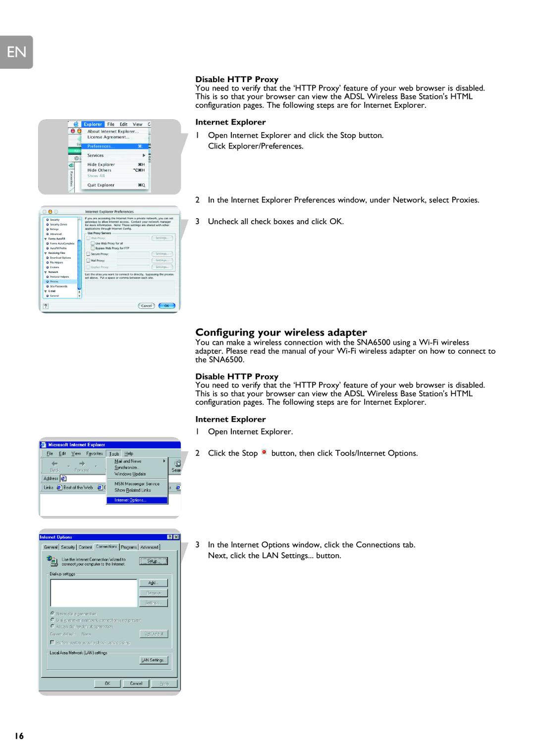 ADS Technologies SNA6500 user manual Configuring your wireless adapter, Internet Explorer 