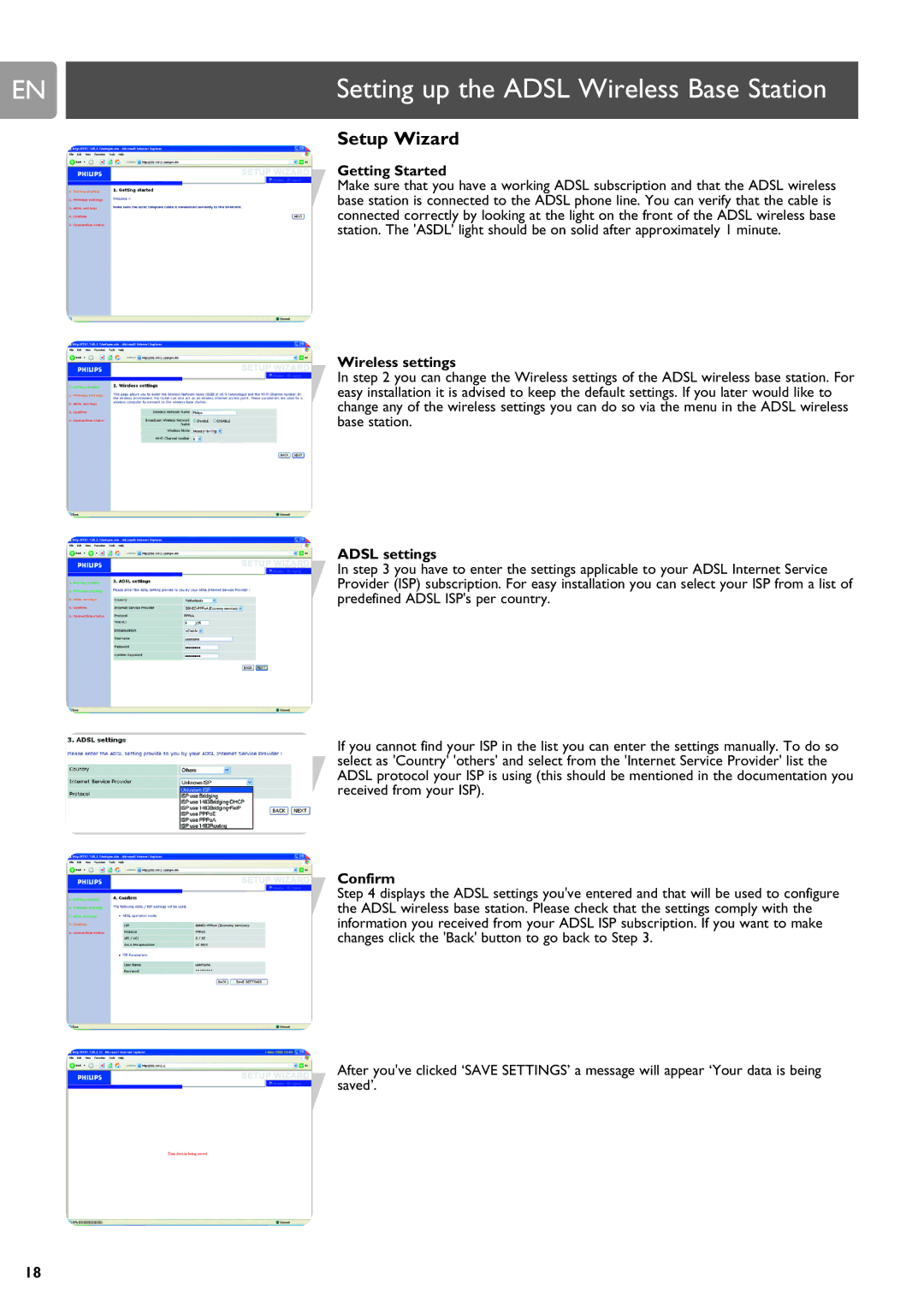 ADS Technologies SNA6500 user manual Setup Wizard, Getting Started, Wireless settings, Adsl settings, Confirm 