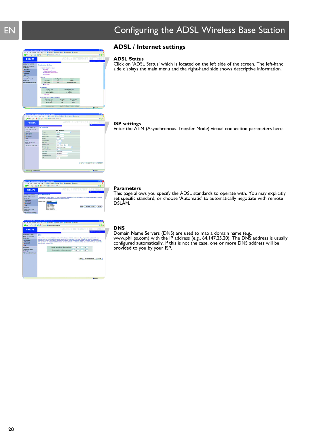 ADS Technologies SNA6500 user manual Adsl / Internet settings, Adsl Status, ISP settings, Parameters 