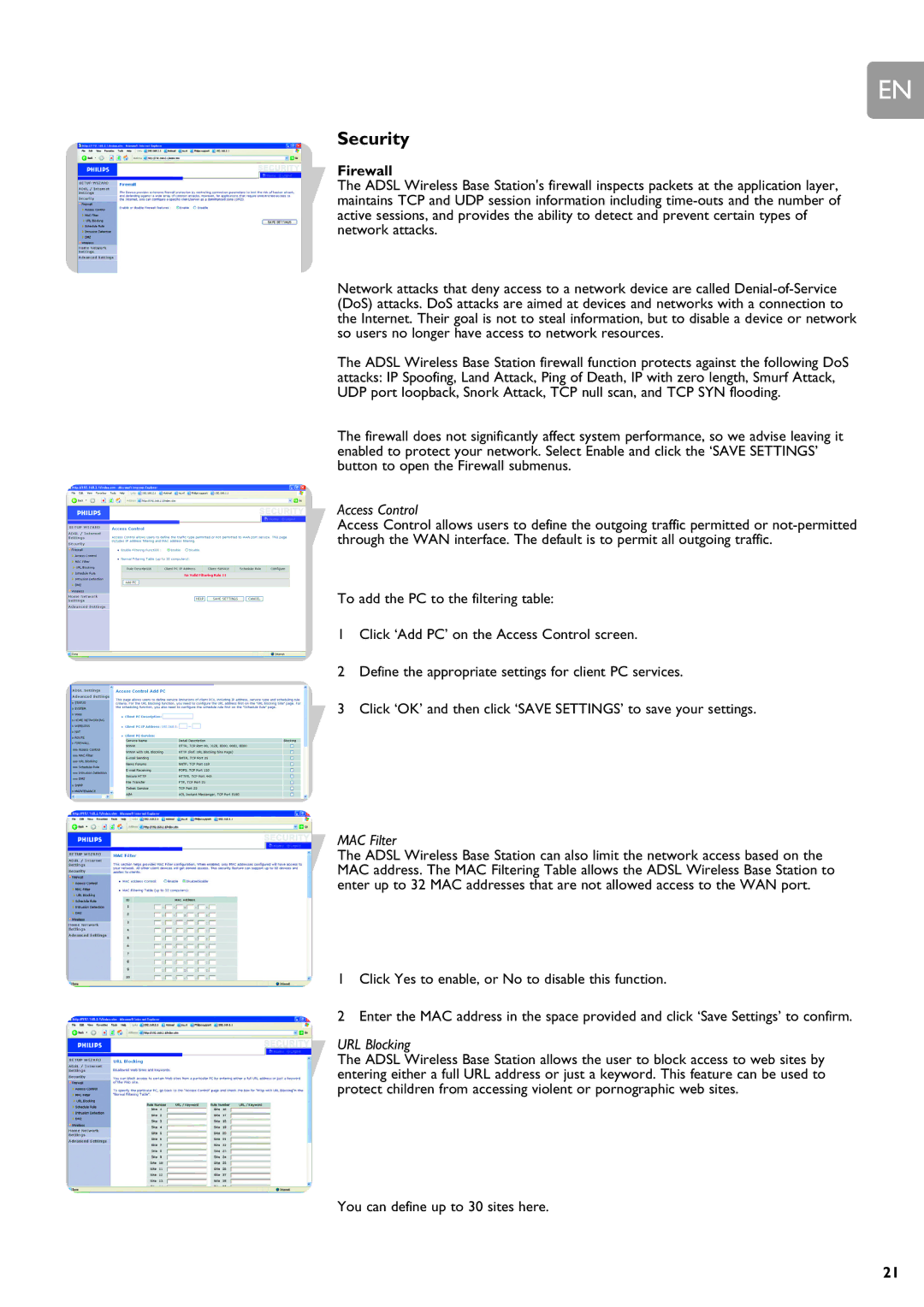 ADS Technologies SNA6500 user manual Firewall, Access Control, MAC Filter, URL Blocking 