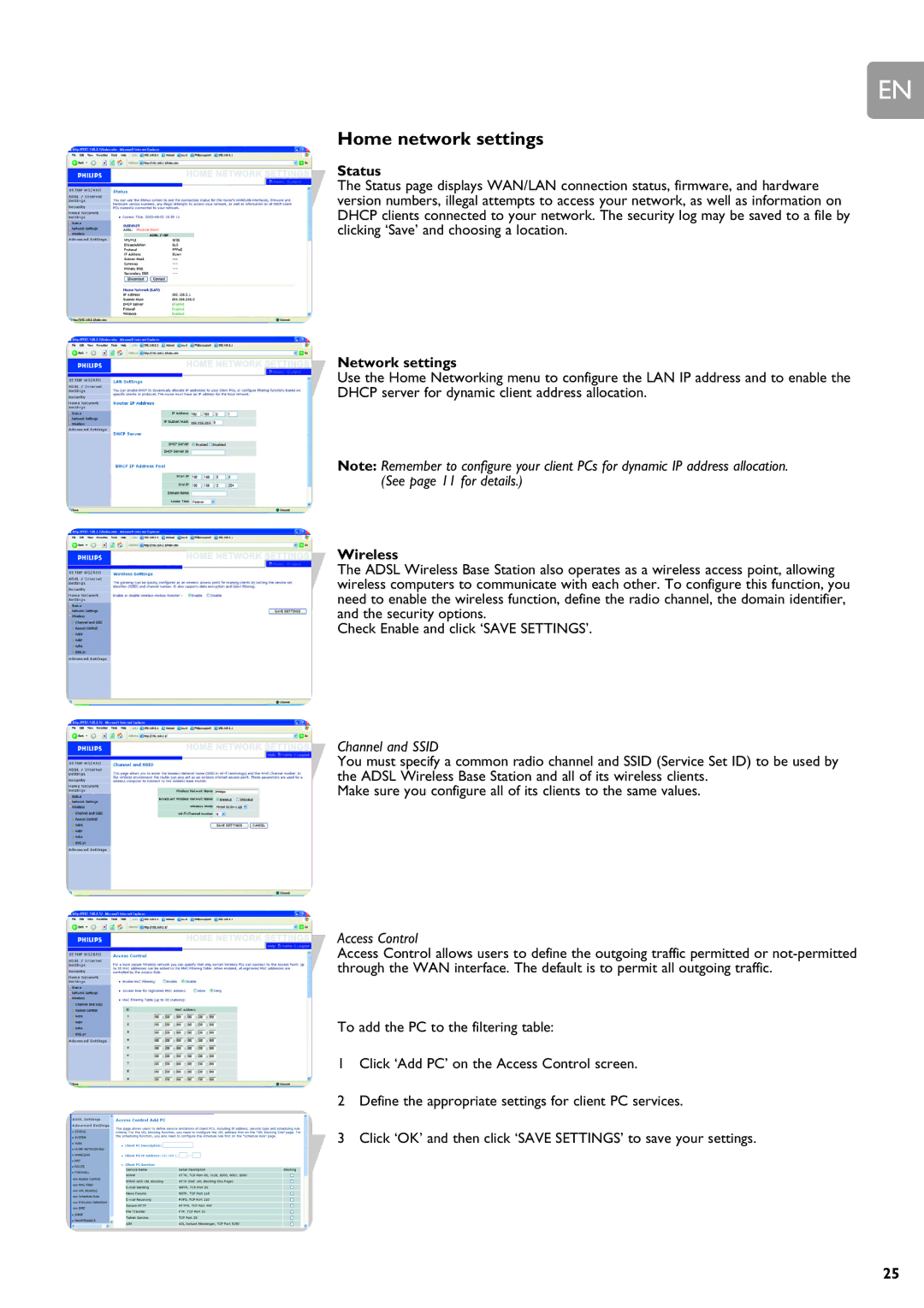 ADS Technologies SNA6500 user manual Home network settings, Status, Network settings, Wireless, Channel and Ssid 