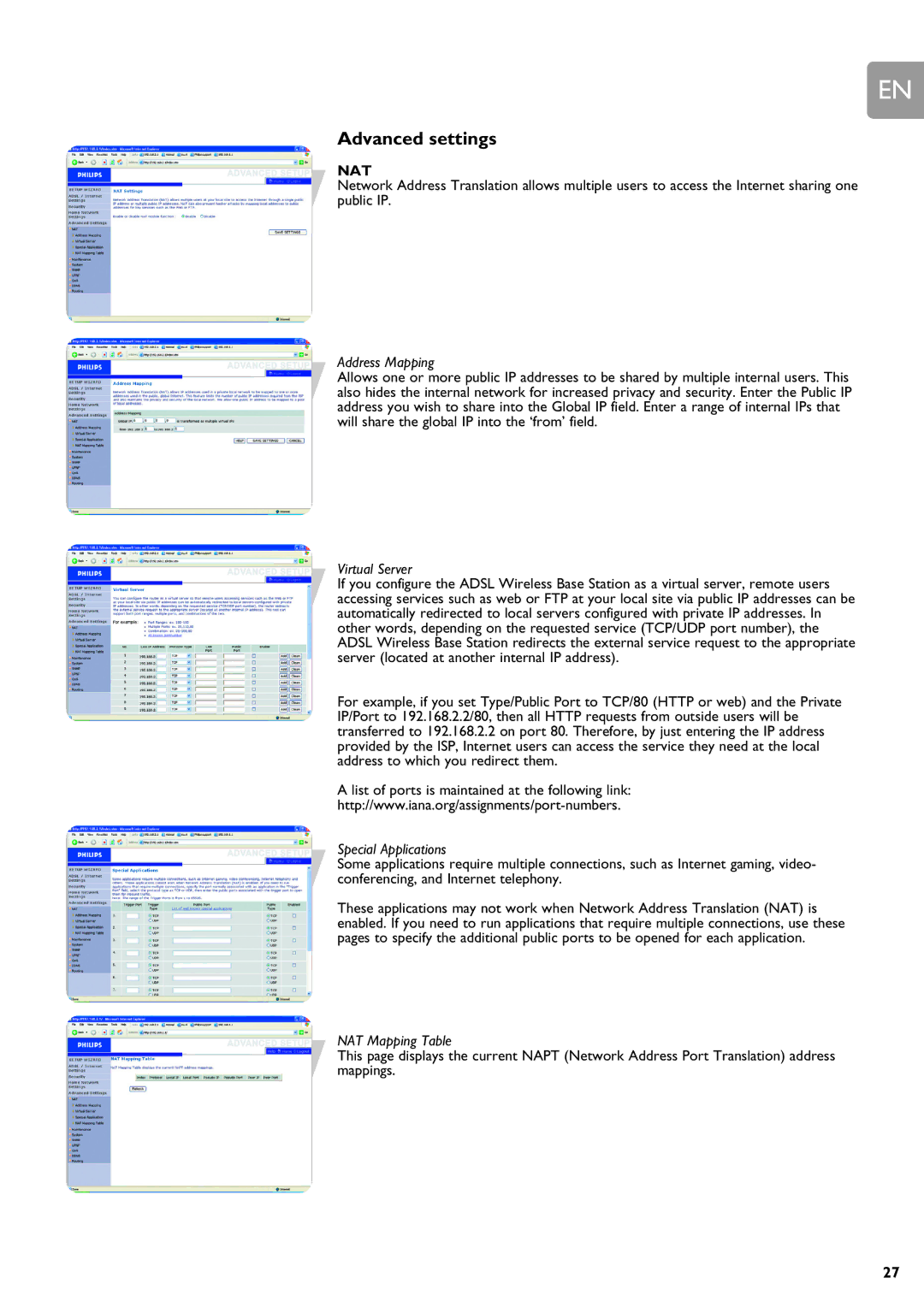 ADS Technologies SNA6500 Advanced settings, Address Mapping, Virtual Server, Special Applications, NAT Mapping Table 