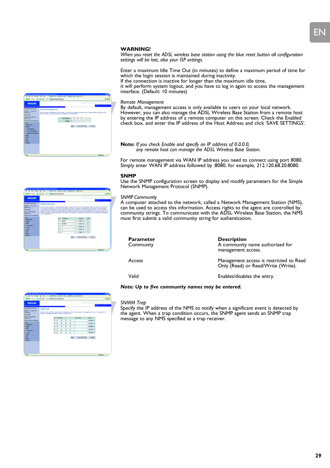 ADS Technologies SNA6500 user manual Remote Management, Snmp Community, Parameter Description, Snmm Trap 