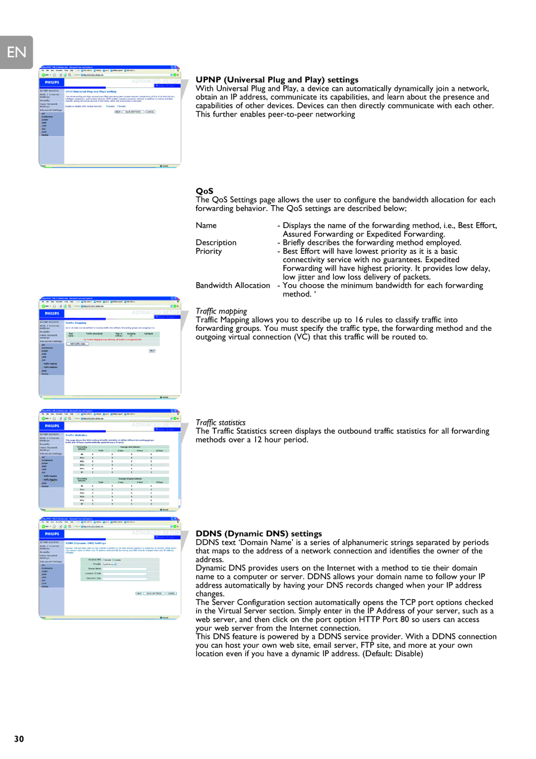 ADS Technologies SNA6500 user manual Upnp Universal Plug and Play settings, QoS, Traffic mapping, Traffic statistics 