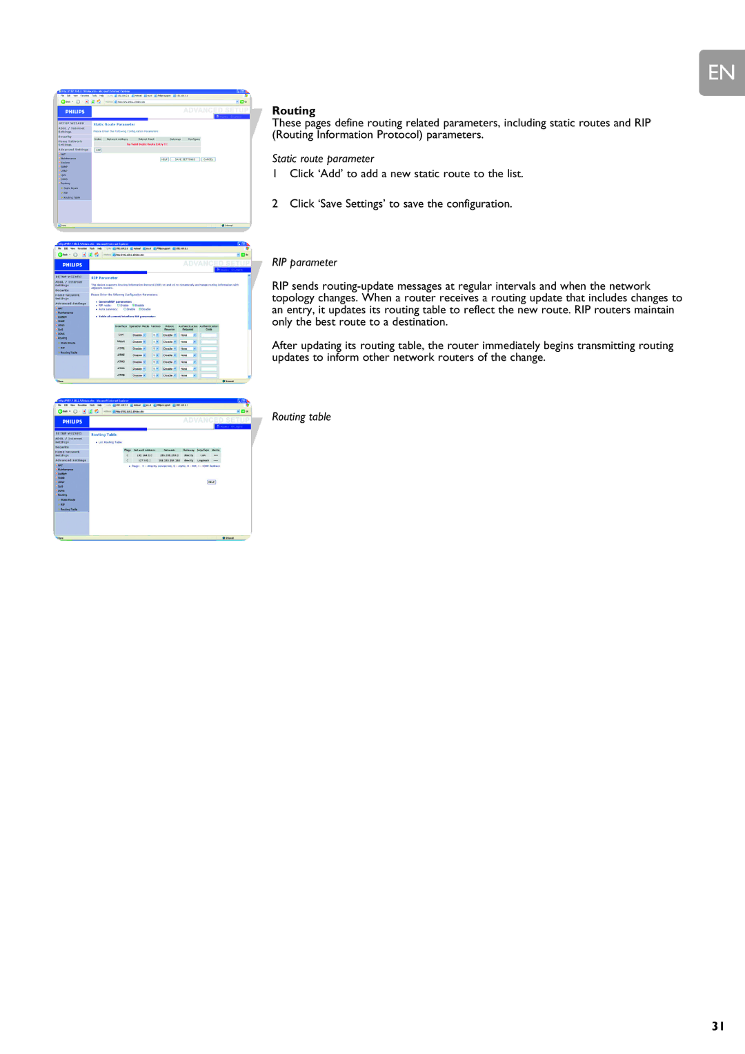 ADS Technologies SNA6500 user manual Static route parameter, RIP parameter, Routing table 