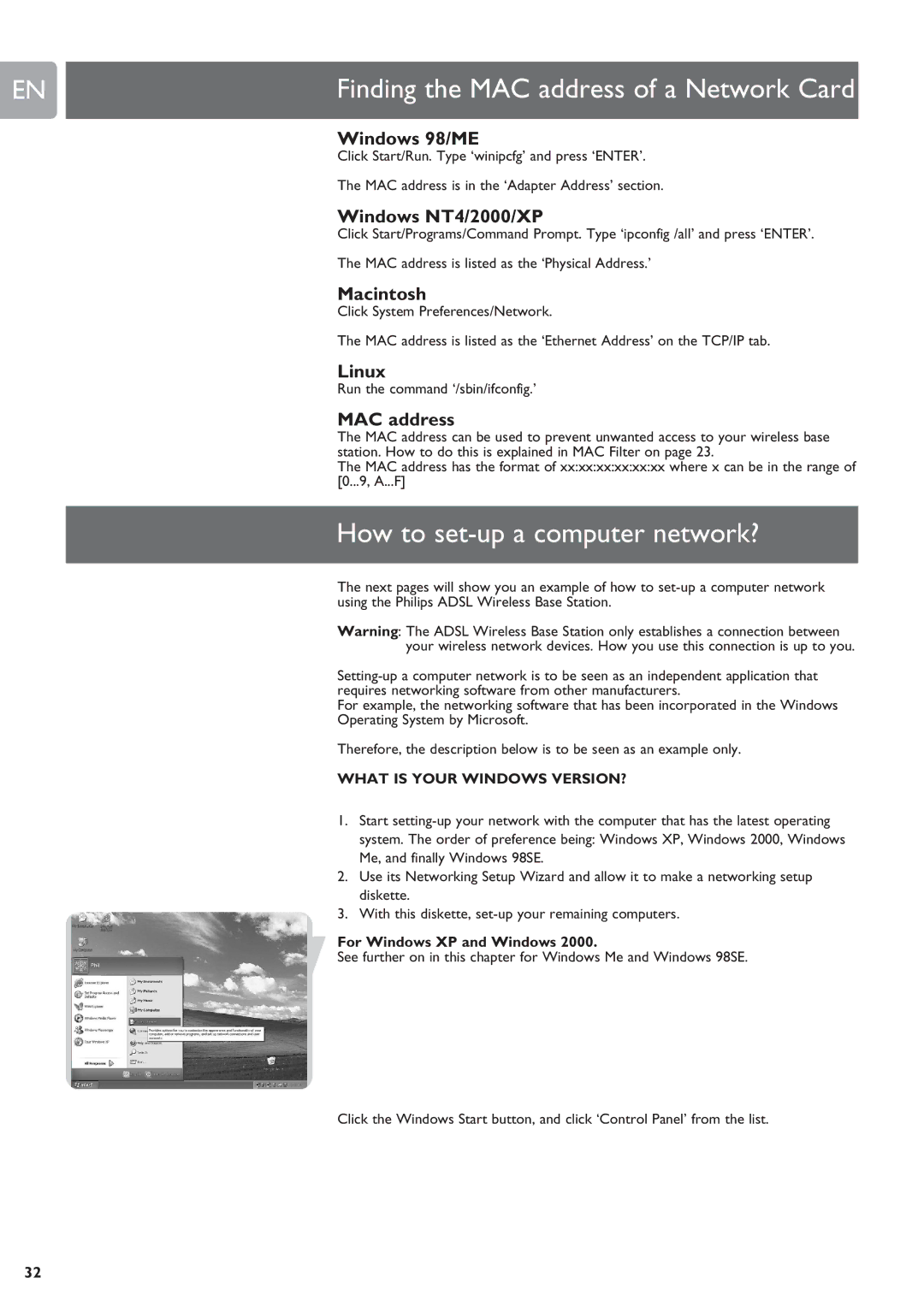 ADS Technologies SNA6500 user manual Windows NT4/2000/XP, Macintosh, Linux, MAC address, For Windows XP and Windows 