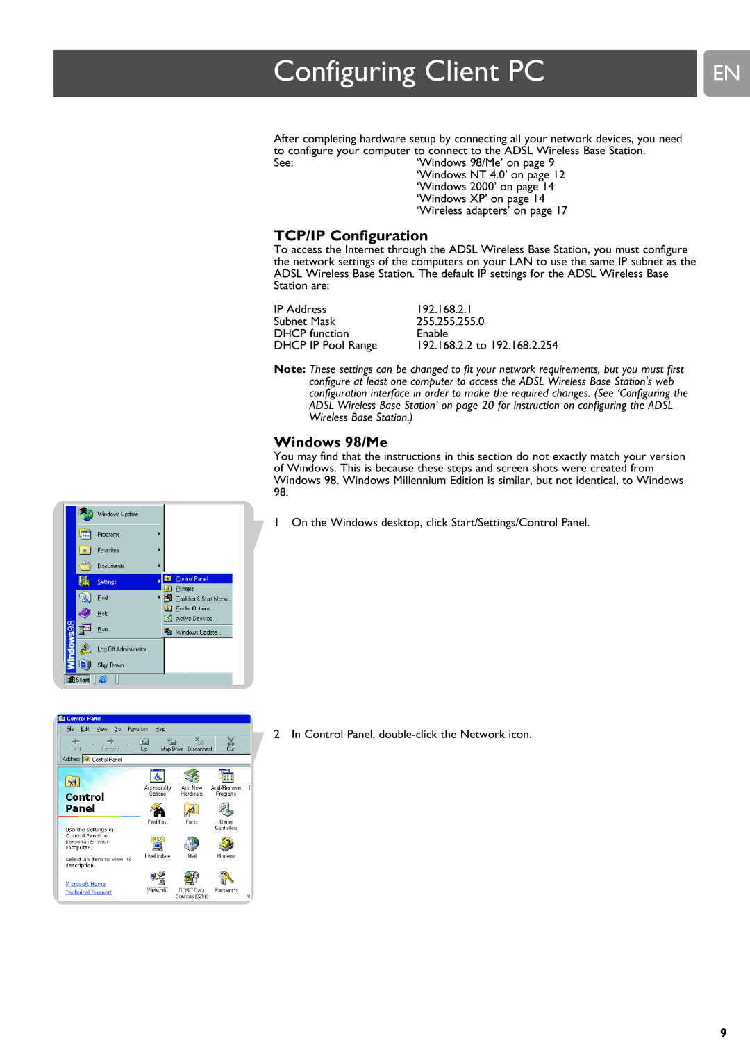 ADS Technologies SNA6500 user manual TCP/IP Configuration, Windows 98/Me 