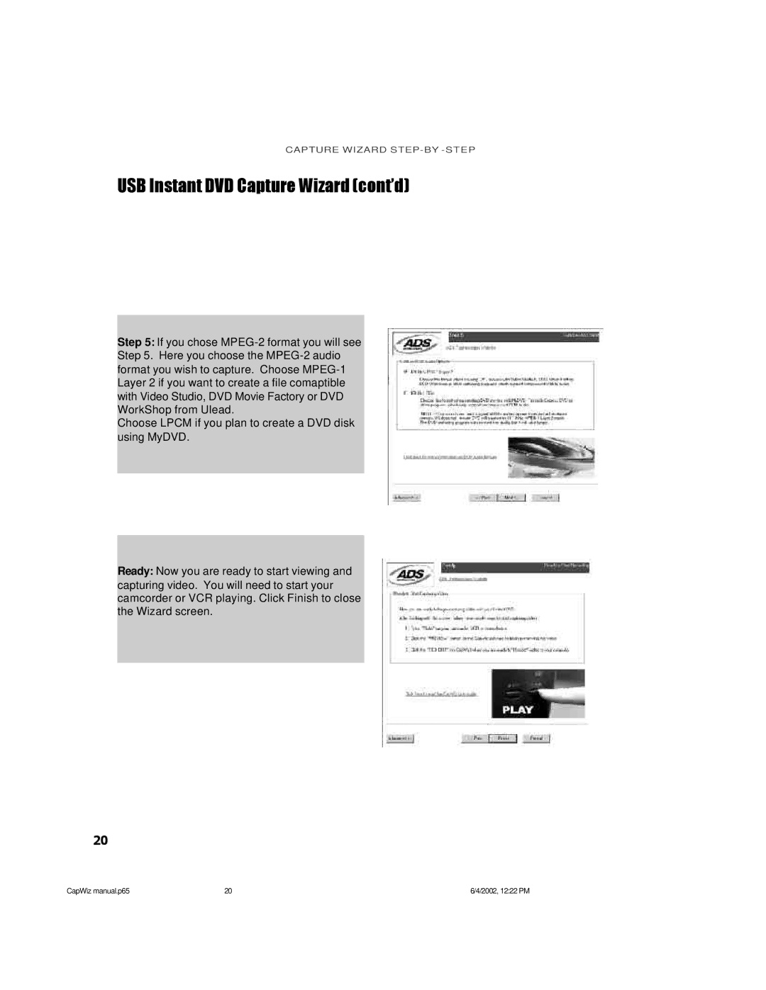 ADS Technologies manual USB Instant DVD Capture Wizard cont’d 