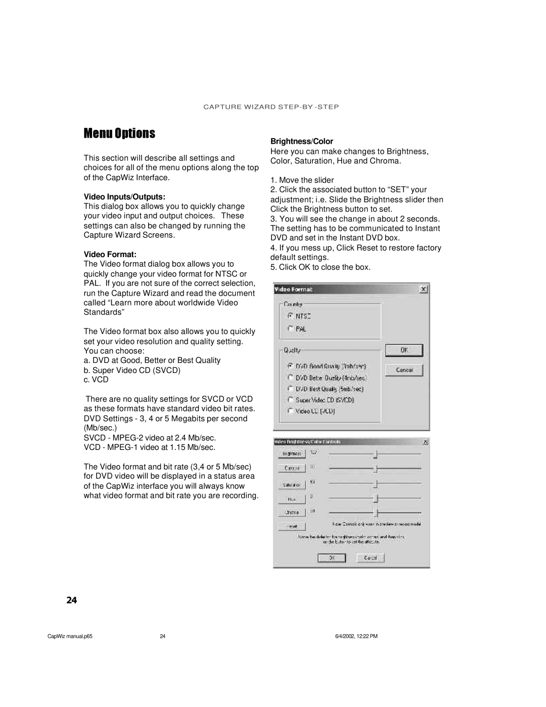 ADS Technologies USB Instant DVD manual Menu Options, Video Inputs/Outputs, Video Format, Brightness/Color 