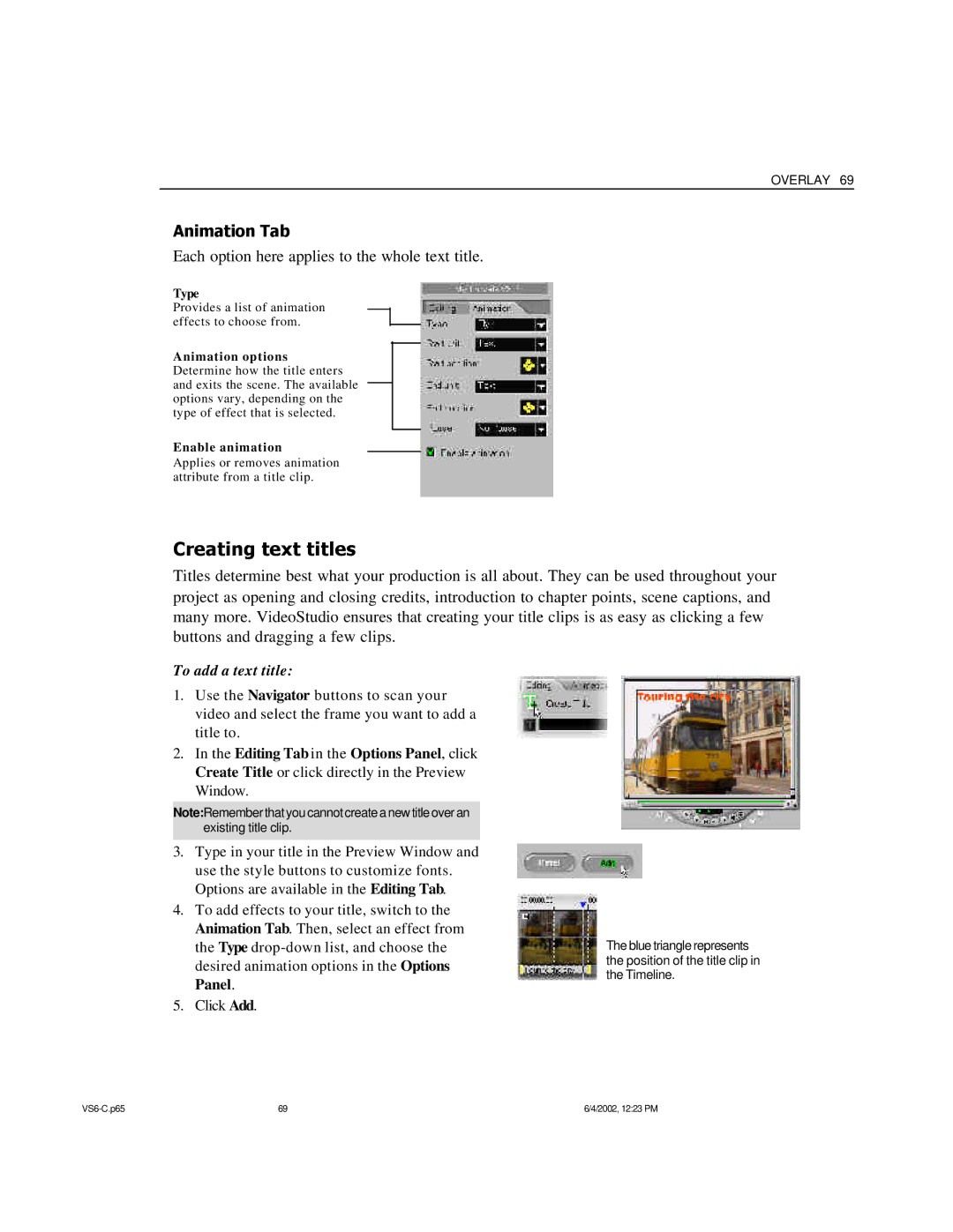 ADS Technologies USB Instant DVD manual Creating text titles, Animation Tab, To add a text title, Type 