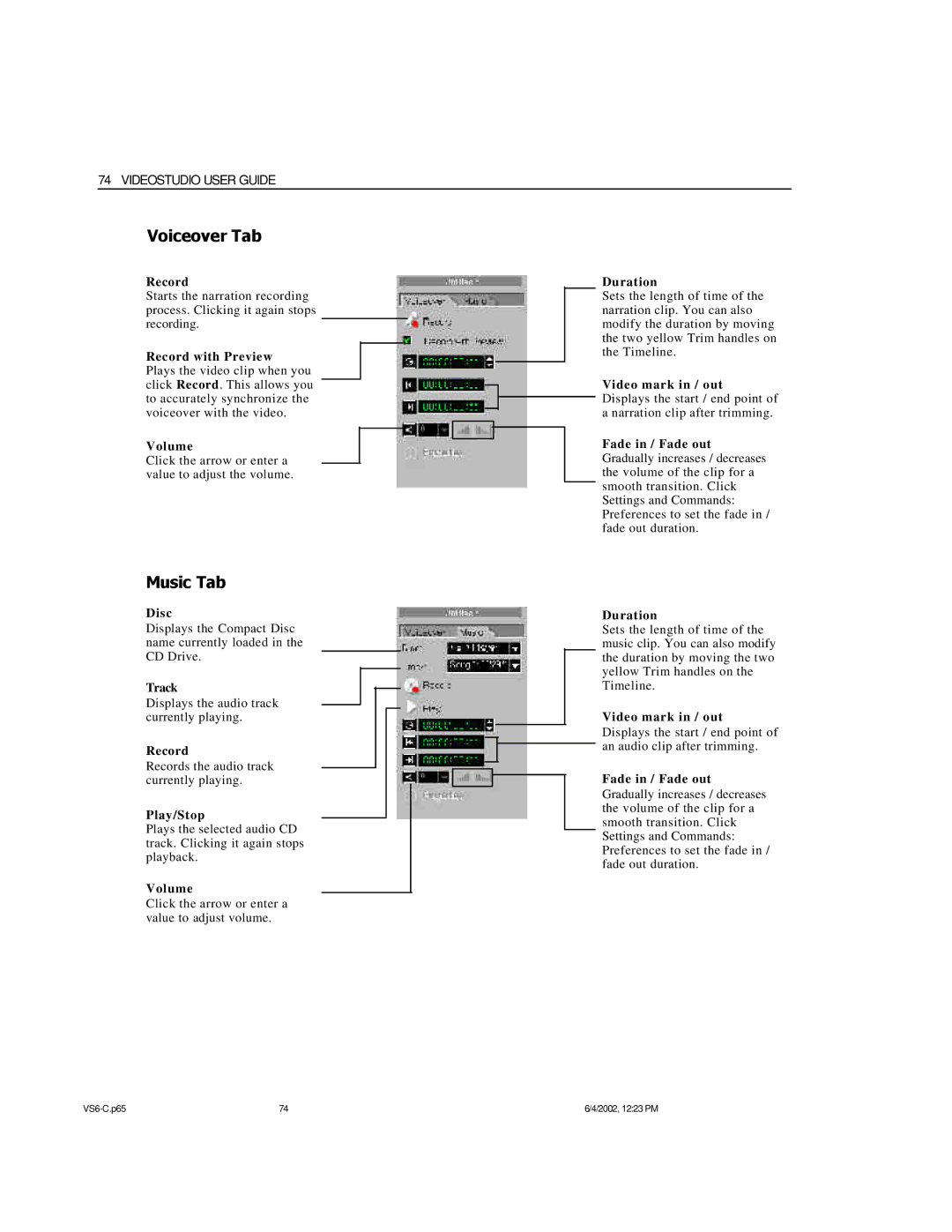 ADS Technologies USB Instant DVD manual Voiceover Tab, Music Tab 