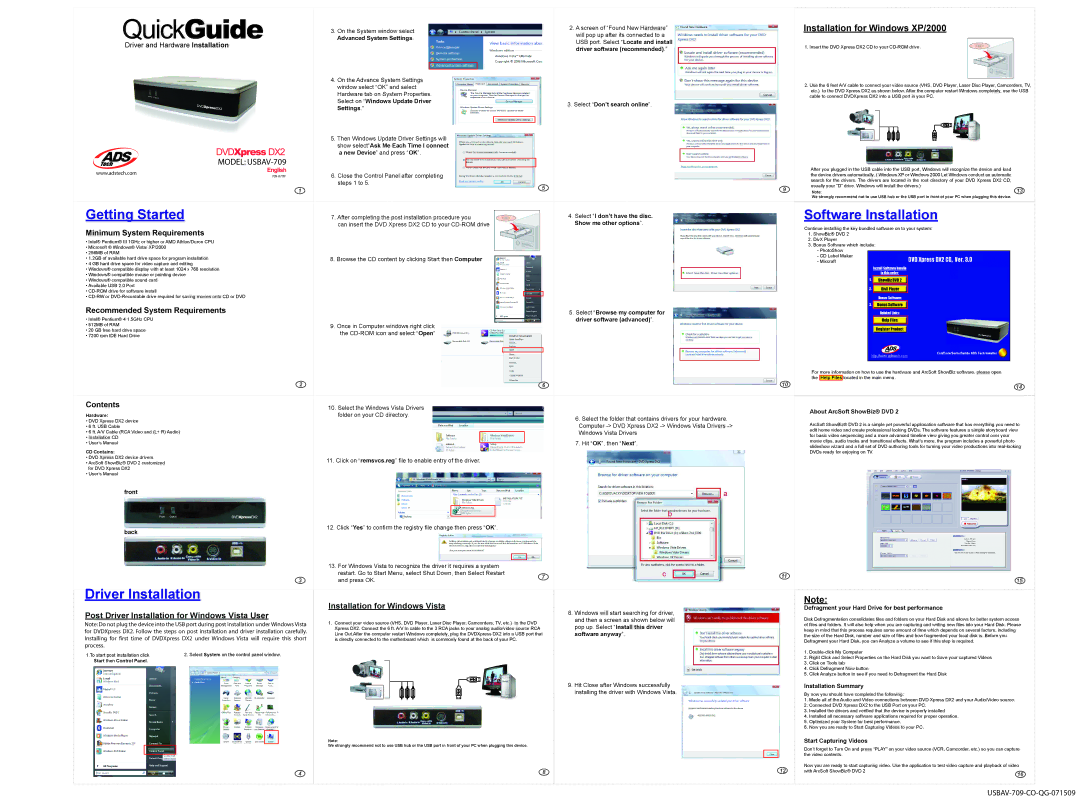 ADS Technologies USBAV-709 user manual Getting Started, Driver Installation, Software Installation 