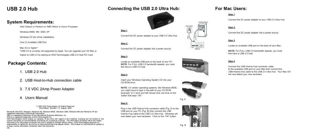 ADS Technologies USBH-2004 System Requirements, Package Contents, Connecting the USB 2.0 Ultra Hub, For Mac Users, Step 