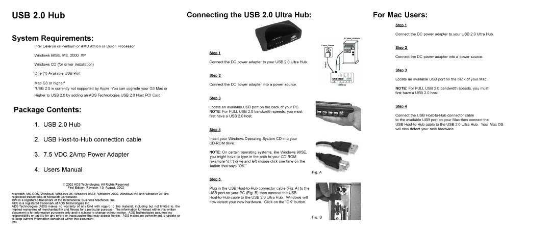 ADS Technologies USBH-2004 warranty System Requirements, Package Contents, Connecting the USB 2.0 Ultra Hub, For Mac Users 