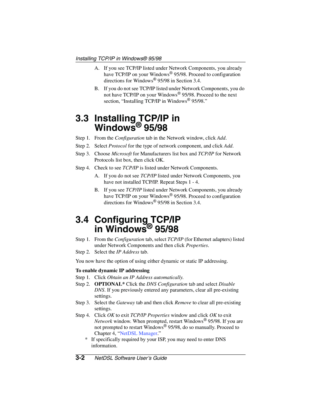 ADS Technologies version 5.2b1 manual Installing TCP/IP Windows 95/98, Configuring TCP/IP Windows 95/98 