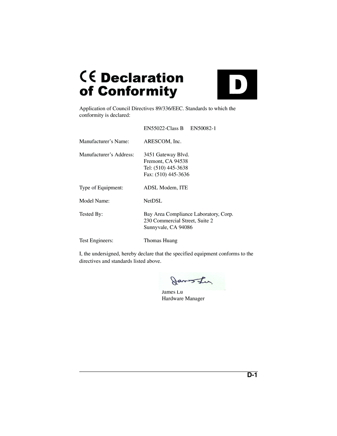 ADS Technologies version 5.2b1 manual Declaration of Conformity 