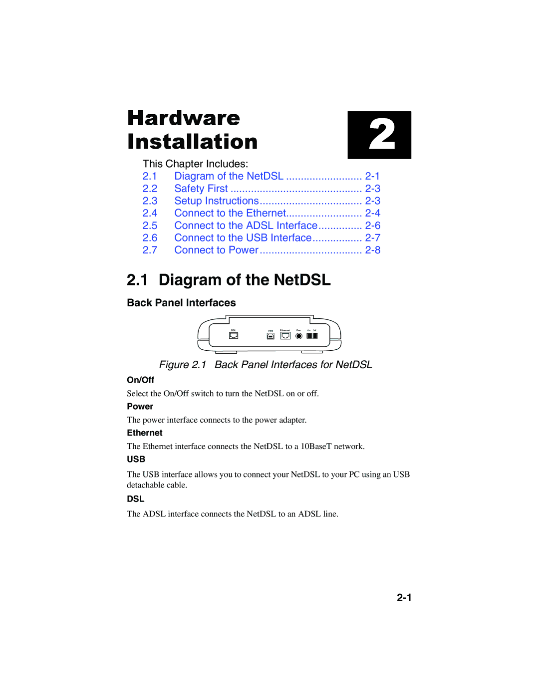 ADS Technologies version 5.2b1 manual Hardware Installation, Diagram of the NetDSL, Back Panel Interfaces 