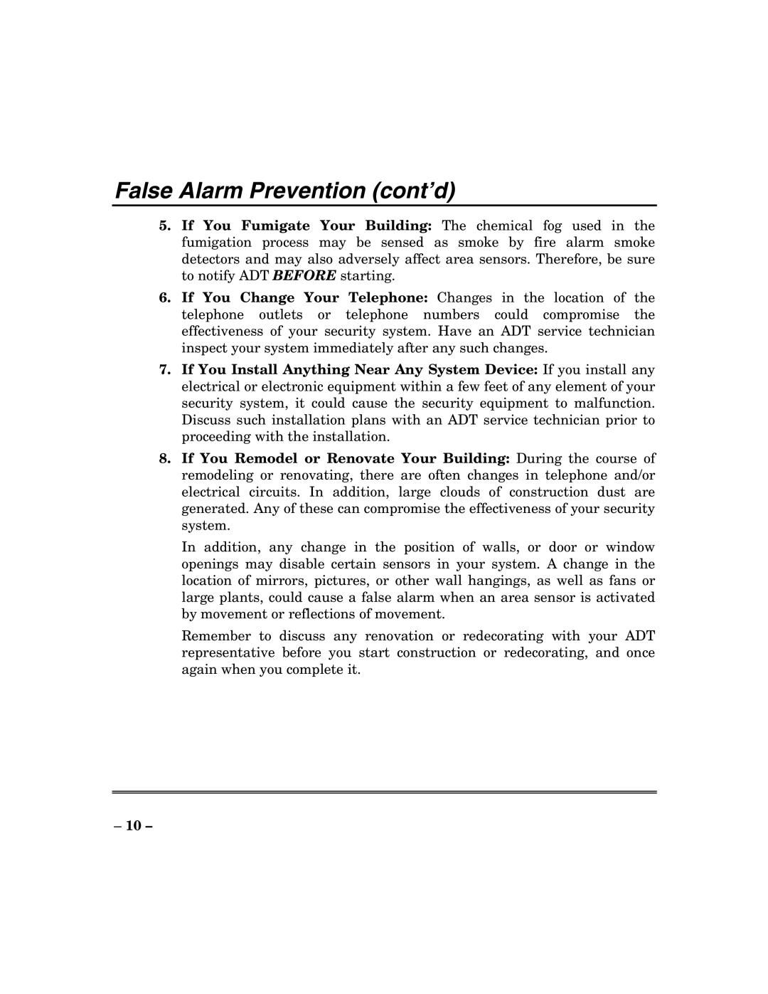 ADT Security Services 200 Plus manual False Alarm Prevention cont’d 