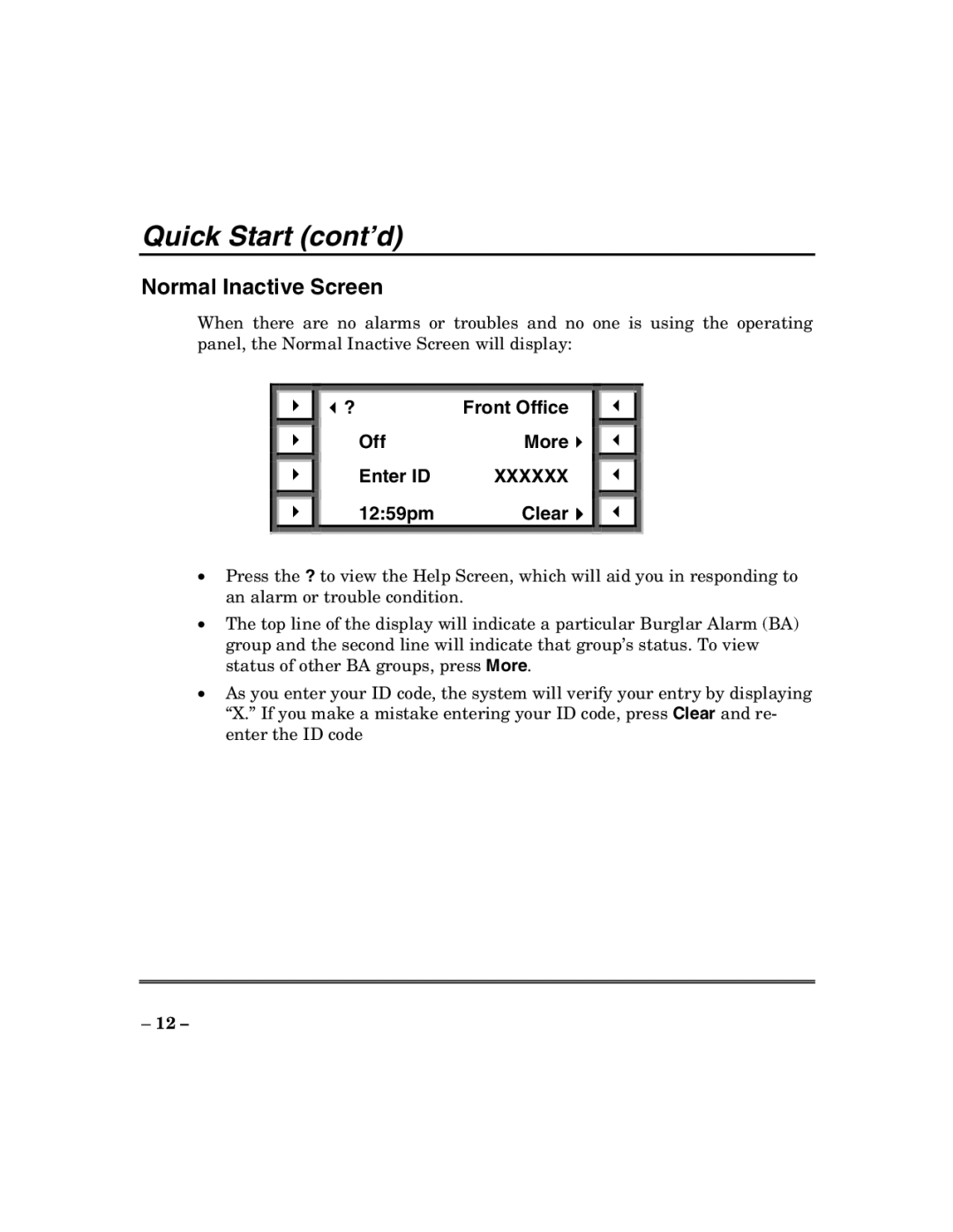 ADT Security Services 200 Plus Quick Start cont’d, Normal Inactive Screen, Front Office, OffMore Enter ID, 1259pm Clear 