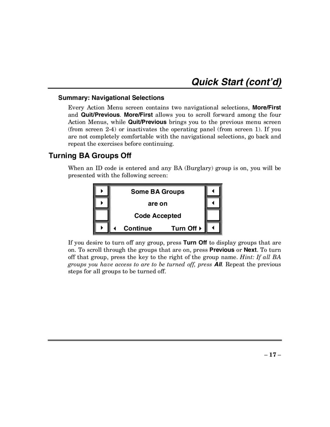 ADT Security Services 200 Plus manual Turning BA Groups Off, Summary Navigational Selections, Some BA Groups 