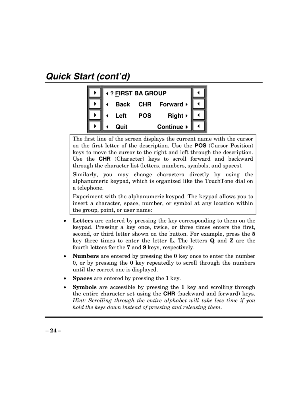 ADT Security Services 200 Plus manual ? First BA Group, Back CHR Forward Left POS Right Quit 