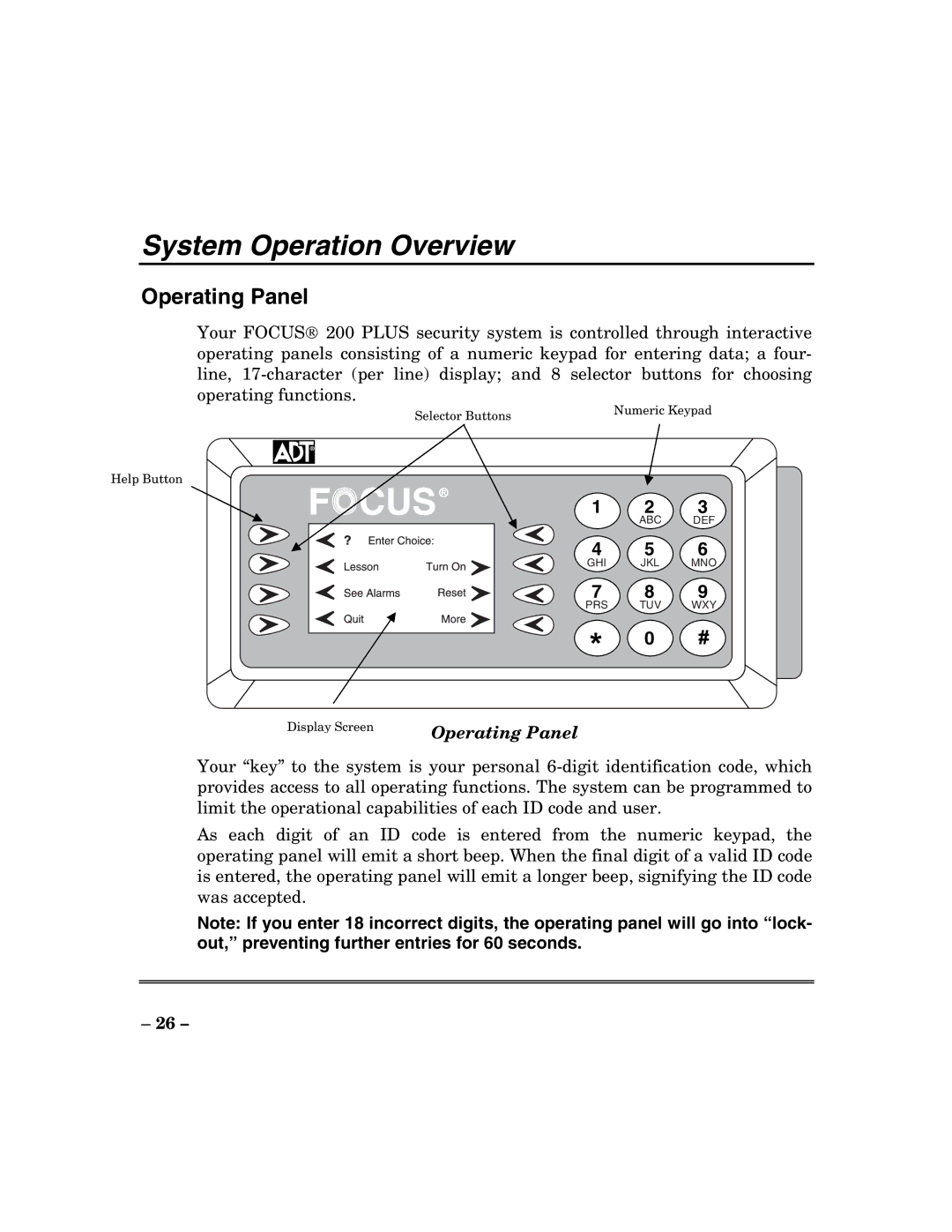 ADT Security Services 200 Plus manual System Operation Overview, Operating Panel 