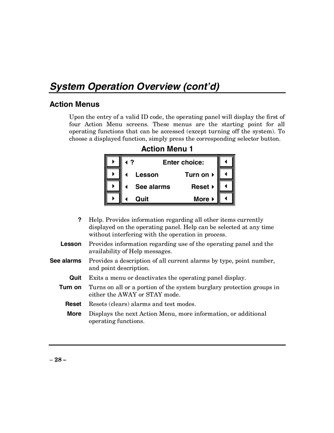 ADT Security Services 200 Plus manual Action Menus, See alarms Reset Quit More 