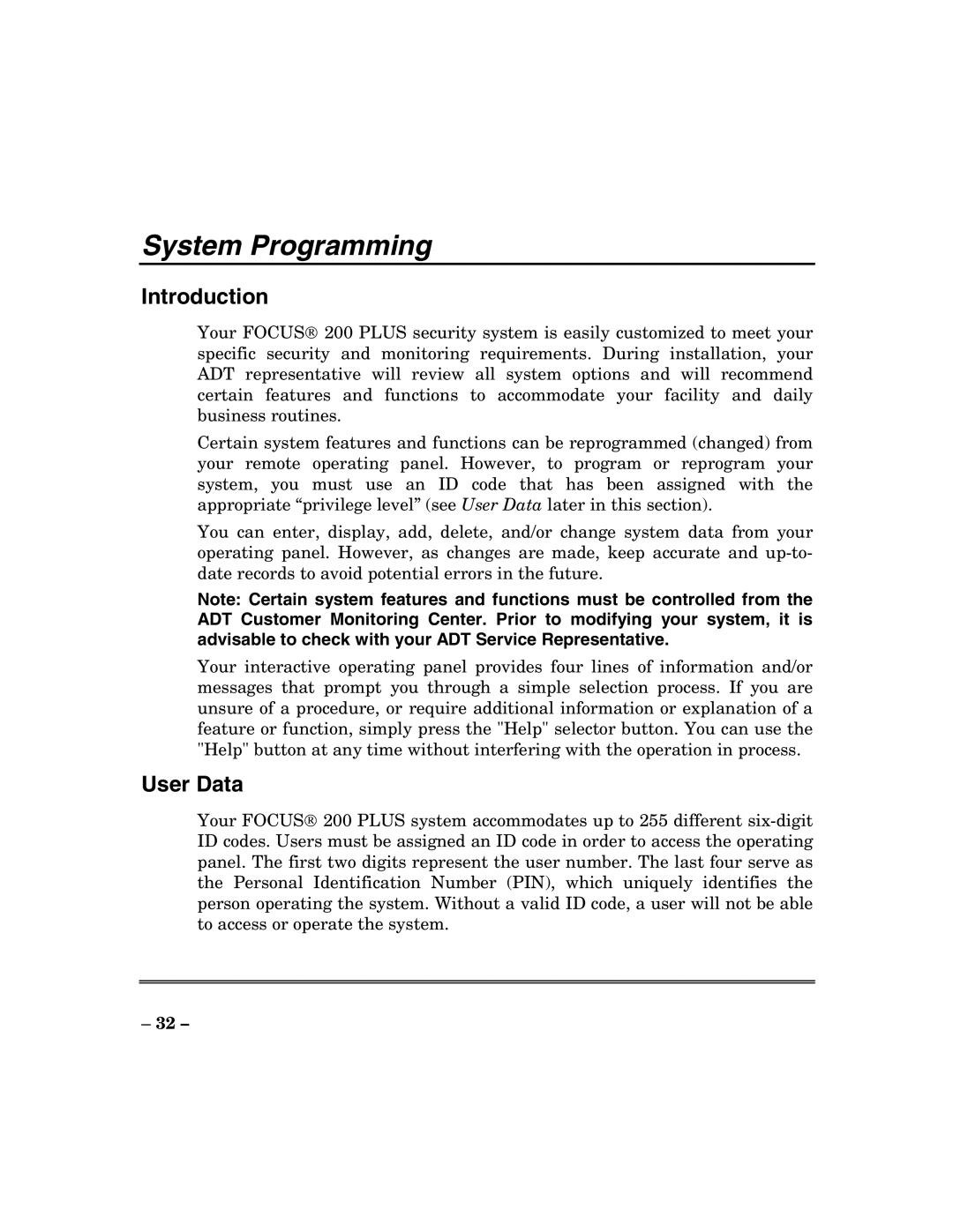 ADT Security Services 200 Plus manual System Programming, User Data 