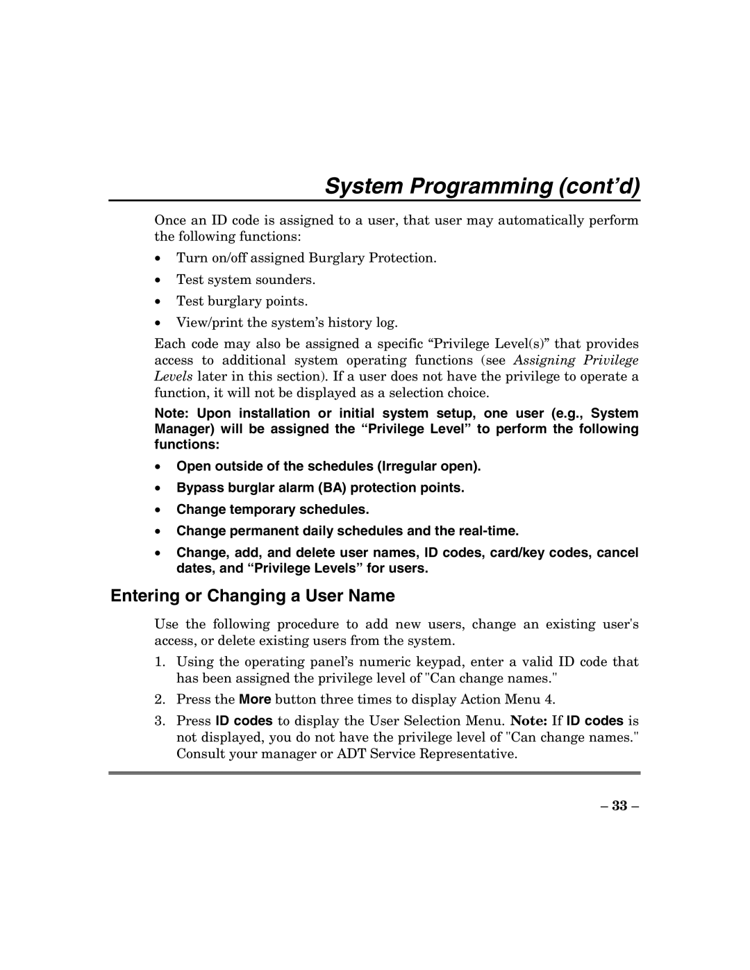 ADT Security Services 200 Plus manual System Programming cont’d, Entering or Changing a User Name 